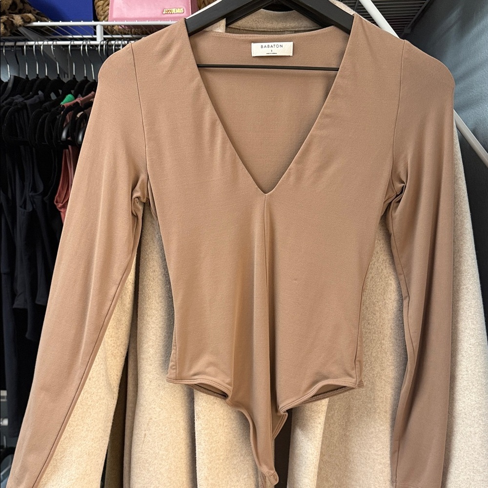 Babaton Tan V-Neck Bodysuit